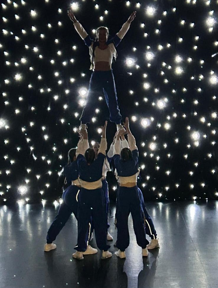 Children performing cheer dance formation at show